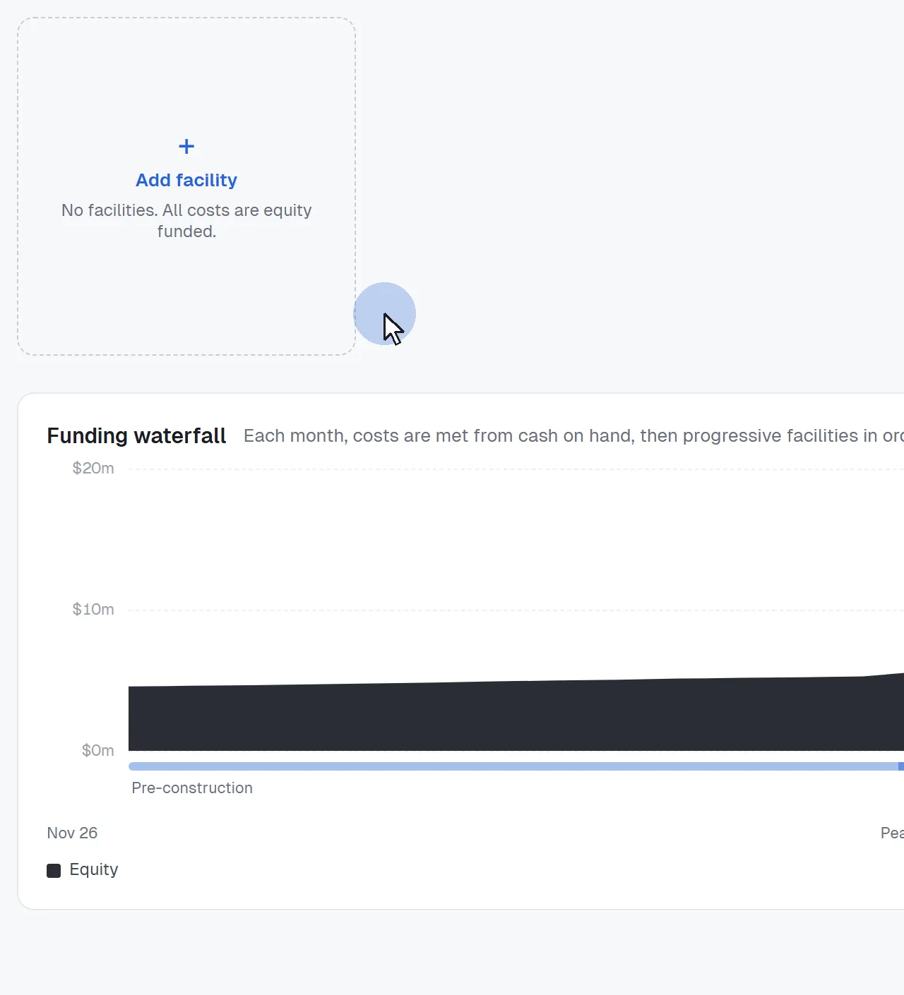 On the Finance tab, a cursor clicks Add facility; card F1 appears with its limit, peak balance and interest, and the name Facility 1 is typed over as Senior construction.