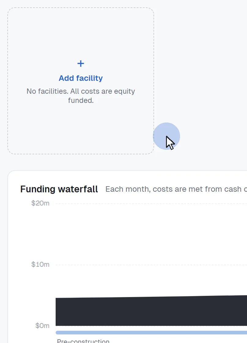 On the Finance tab, a cursor clicks Add facility; card F1 appears with its limit, peak balance and interest, and the name Facility 1 is typed over as Senior construction.