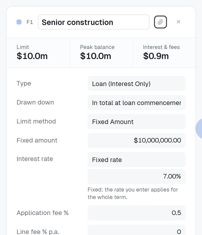 On the F1 Senior construction card, Type changes to Loan (Capitalised) and Drawn down to As required, and the Interest & fees figure updates.