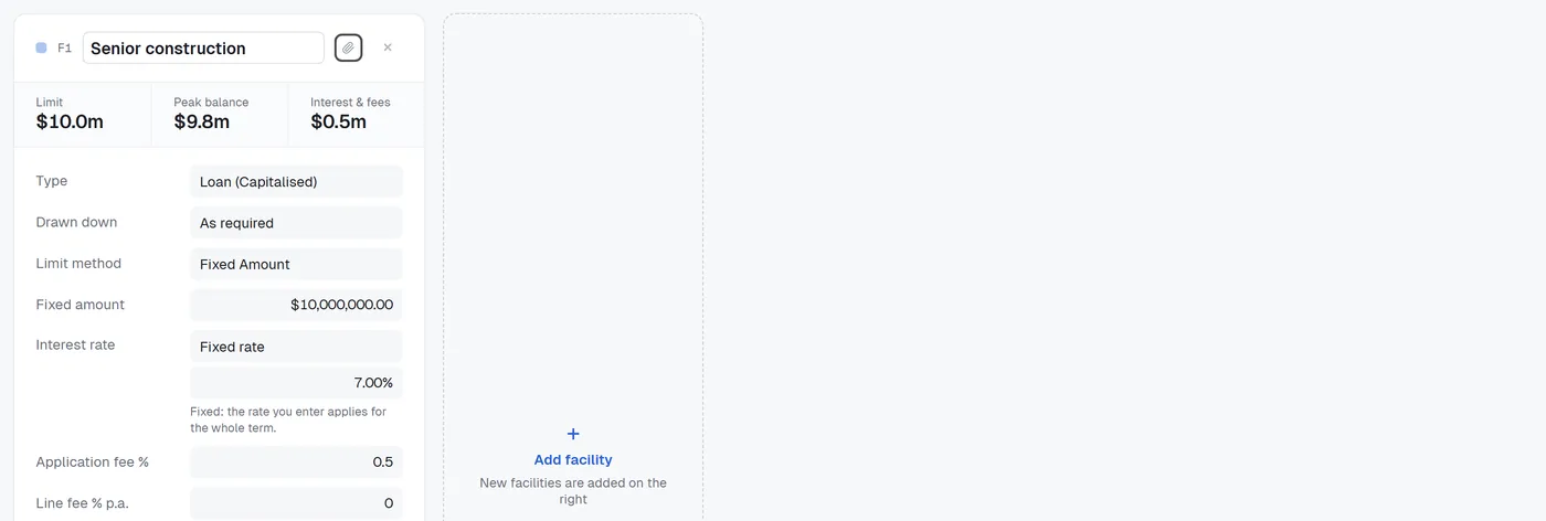 A second facility, F2, is added and named Mezzanine with a fixed limit of $2,500,000; then the funding waterfall shows equity, the senior loan and the mezzanine month by month.